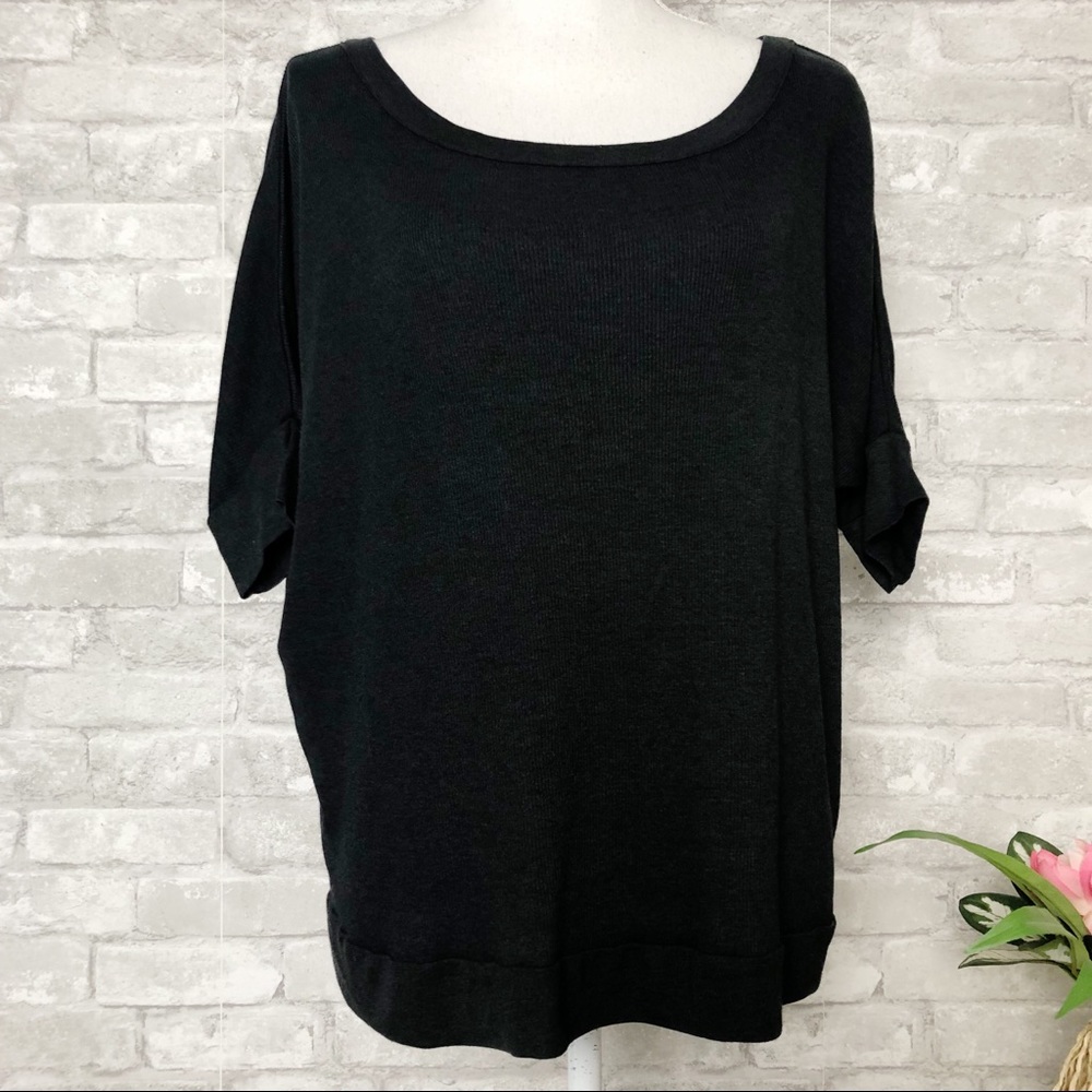 CHASER Boho Black Ribbed Knit Boatneck Short Sleeve Dolman Top Size Medium